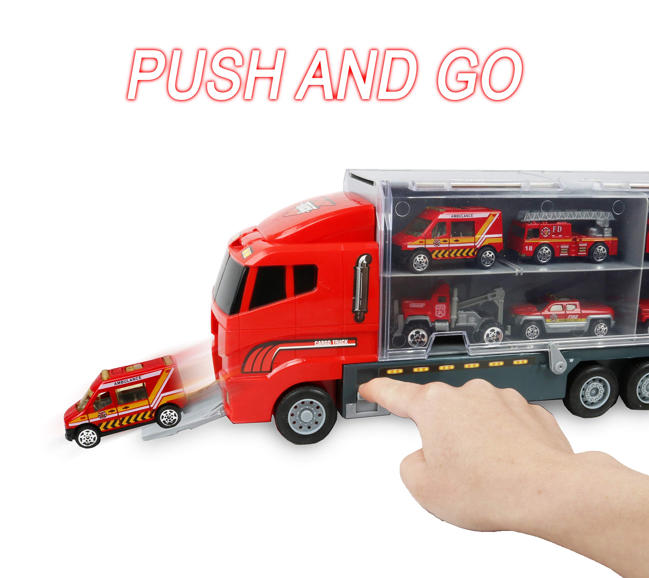 Smart Novelty Die Cast Emergency Trucks Vehicles Toy Cars Play Set in Carrier Truck - 7 in 1 Transport Truck Emergency Car Set for Kids Gifts (Fire Vehicle Set)