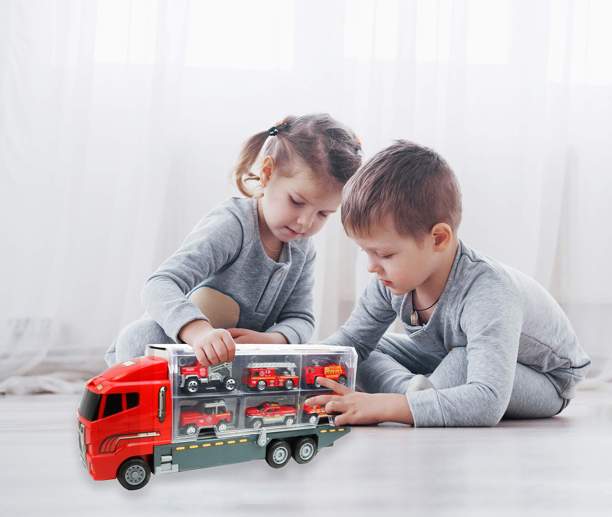 Smart Novelty Die Cast Emergency Trucks Vehicles Toy Cars Play Set in Carrier Truck - 7 in 1 Transport Truck Emergency Car Set for Kids Gifts (Fire Vehicle Set)