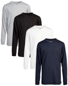 galaxy by harvic boys’ long sleeve t-shirt – 4 pack basic solid v-neck shirt – long sleeve base layer top for boys (s-xl), size large, black/white/heather grey/navy