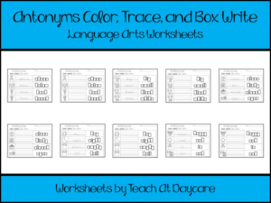 printable antonyms color, trace, write, and box write worksheets