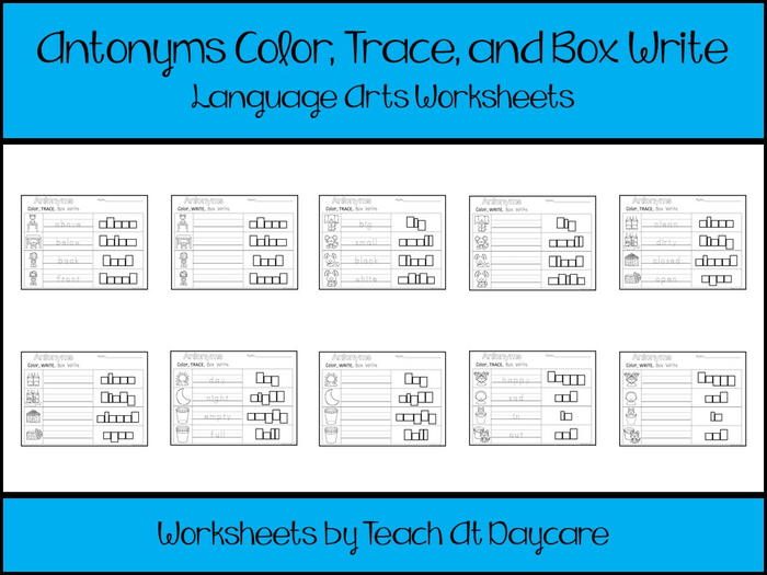 Printable Antonyms Color, Trace, Write, and Box Write Worksheets