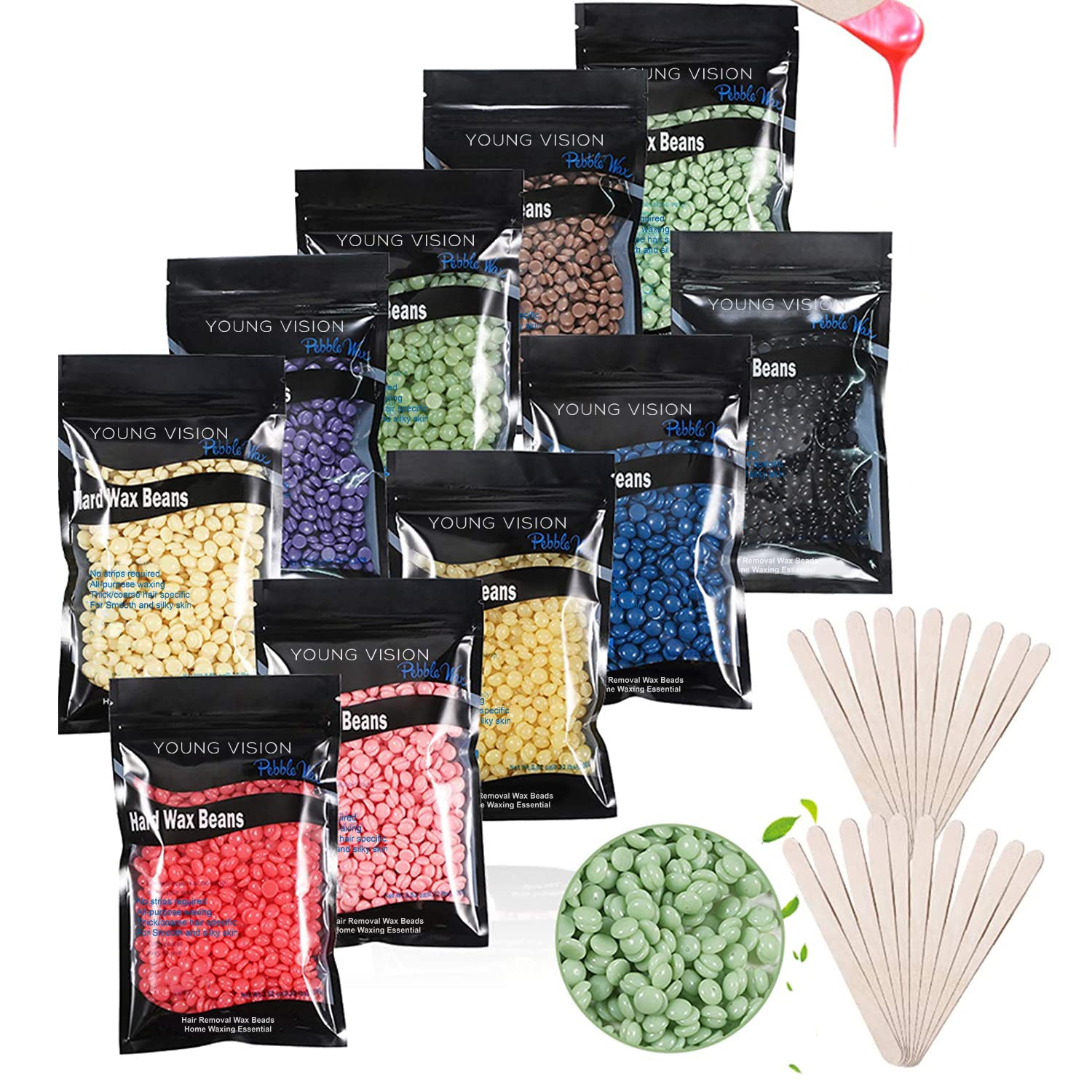 YOUNG VISION Hard Wax Beads for Hair Removal, 2.2 LB/1000g/35 OZ Total, 10 Colors Hard Wax Beans Pack, Bulk Wax Pearls for Home Waxing…