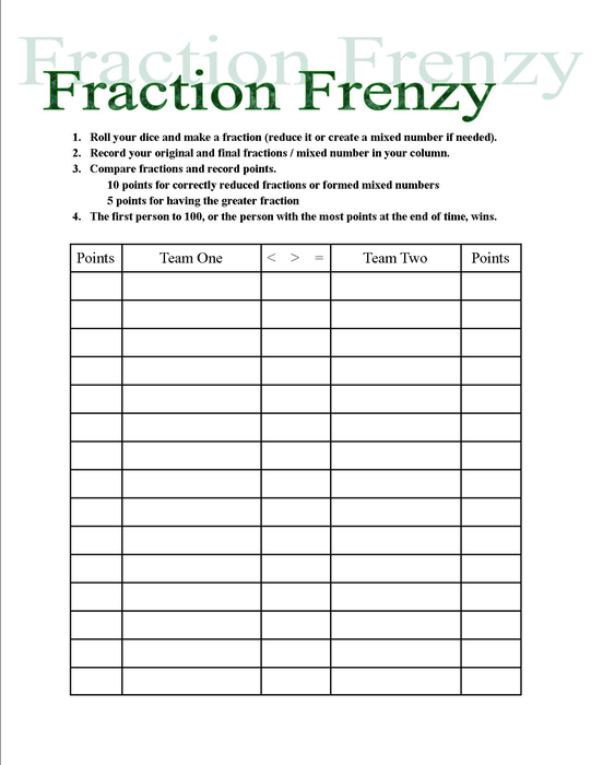 Fraction Game Recording Sheet