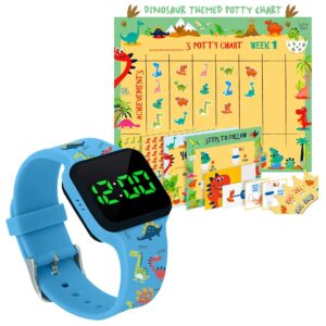 athena futures potty training timer watch with flashing lights and music tones and potty training chart for toddlers - dinosaur design