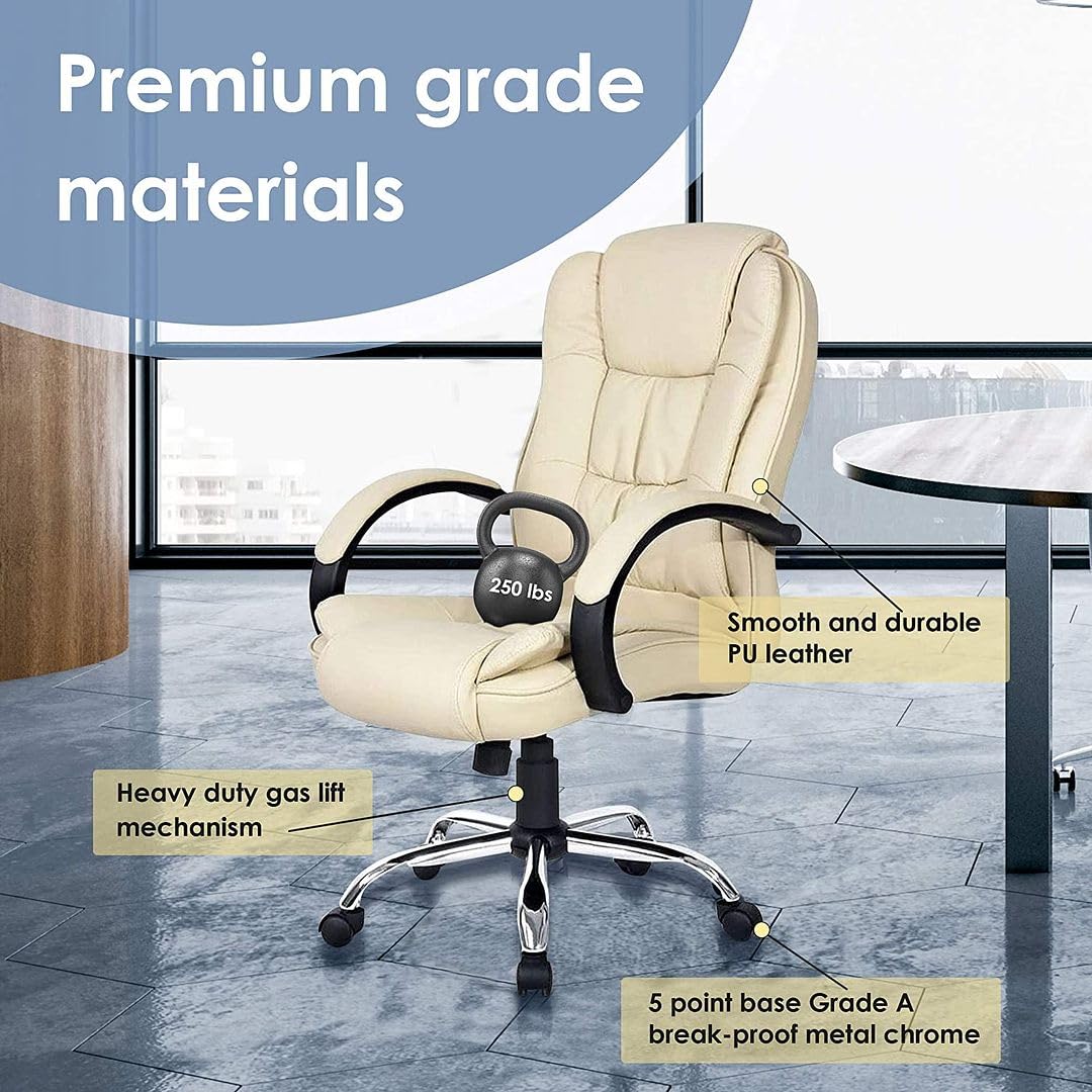 Halter Large Computer Desk Chair with Lumbar Support and Padded Arm Rests, Ergonomic Swivel Chairs, Comfortable Study Gaming Chair, Adjustable Home Office Chair, Rolling Executive Leather Chair, Beige