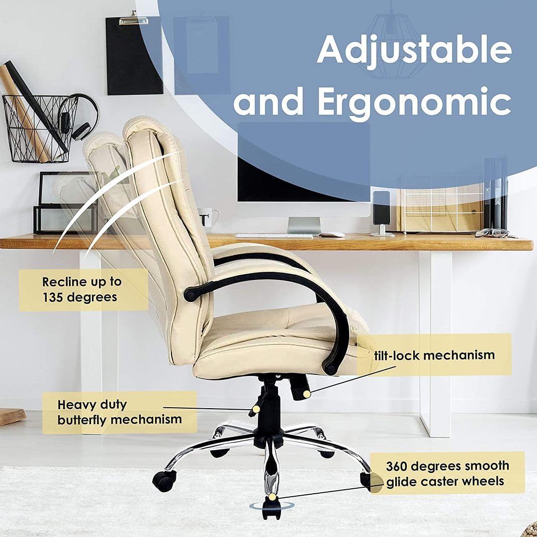 Halter Large Computer Desk Chair with Lumbar Support and Padded Arm Rests, Ergonomic Swivel Chairs, Comfortable Study Gaming Chair, Adjustable Home Office Chair, Rolling Executive Leather Chair, Beige