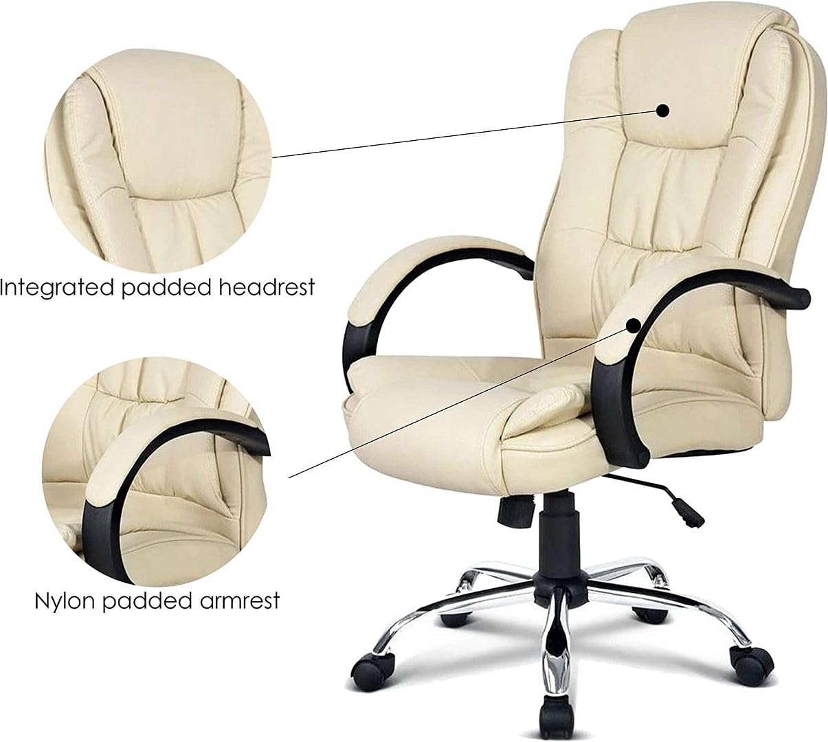 Halter Large Computer Desk Chair with Lumbar Support and Padded Arm Rests, Ergonomic Swivel Chairs, Comfortable Study Gaming Chair, Adjustable Home Office Chair, Rolling Executive Leather Chair, Beige