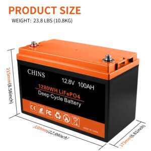 CHINS LiFePO4 Battery 12V 100AH Lithium Battery Perfect for Golf Cart, Trolling Motors, Marine, RV, Solar, Boat and Off-Grid, Built-in 100A BMS, 2000~5000 Cycles