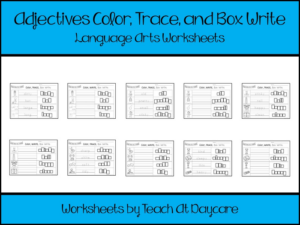 printable adjectives color, trace, write, and box write worksheets