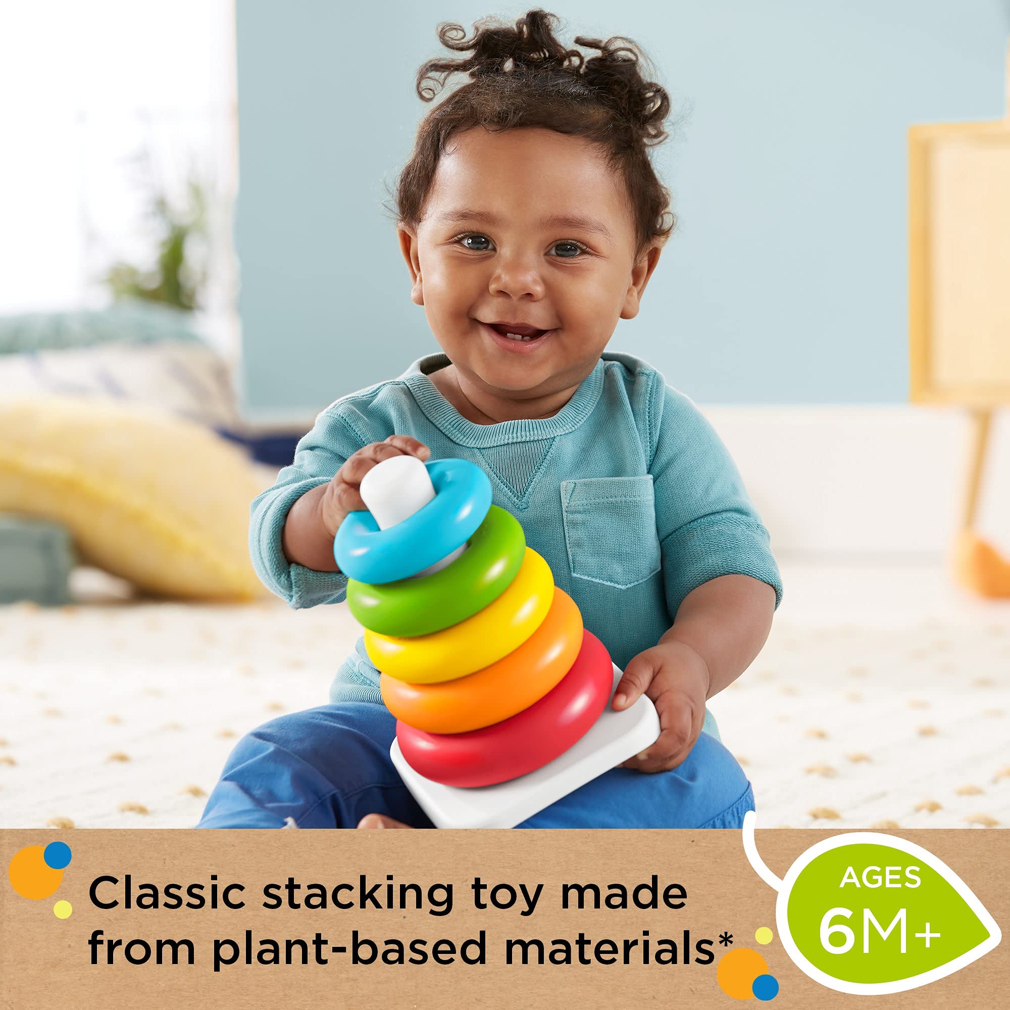 Fisher-Price Baby Stacking Toy Rock-A-Stack Rings with Roly-Poly Base for Ages 6+ Months, Made with Plant-Based Materials