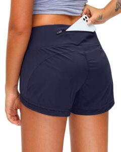 women's running shorts high waisted quick-dry 3 inch gym workout athletic shorts for women with zipper pocket(navy blue, xl)