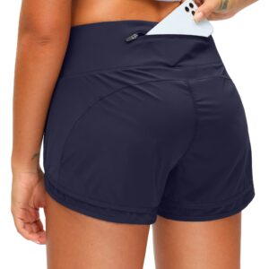 Women's Running Shorts High Waisted Quick-Dry 3 Inch Gym Workout Athletic Shorts for Women with Zipper Pocket(Navy Blue, XL)