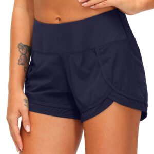 Women's Running Shorts High Waisted Quick-Dry 3 Inch Gym Workout Athletic Shorts for Women with Zipper Pocket(Navy Blue, XL)