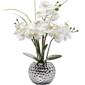 orchids artificial flowers 20.8'' faux orchid flower arrangement fake orchid white flower with silver ceramic vase phalaenopsis orchid for home office bathroom table centerpieces decor, briful