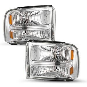 sockir headlight assembly compatible with 05 06 07 ford f250 f350 f450 f550 super duty / 2005 ford excursion driver and passenger side (chrome housing & amber reflector)