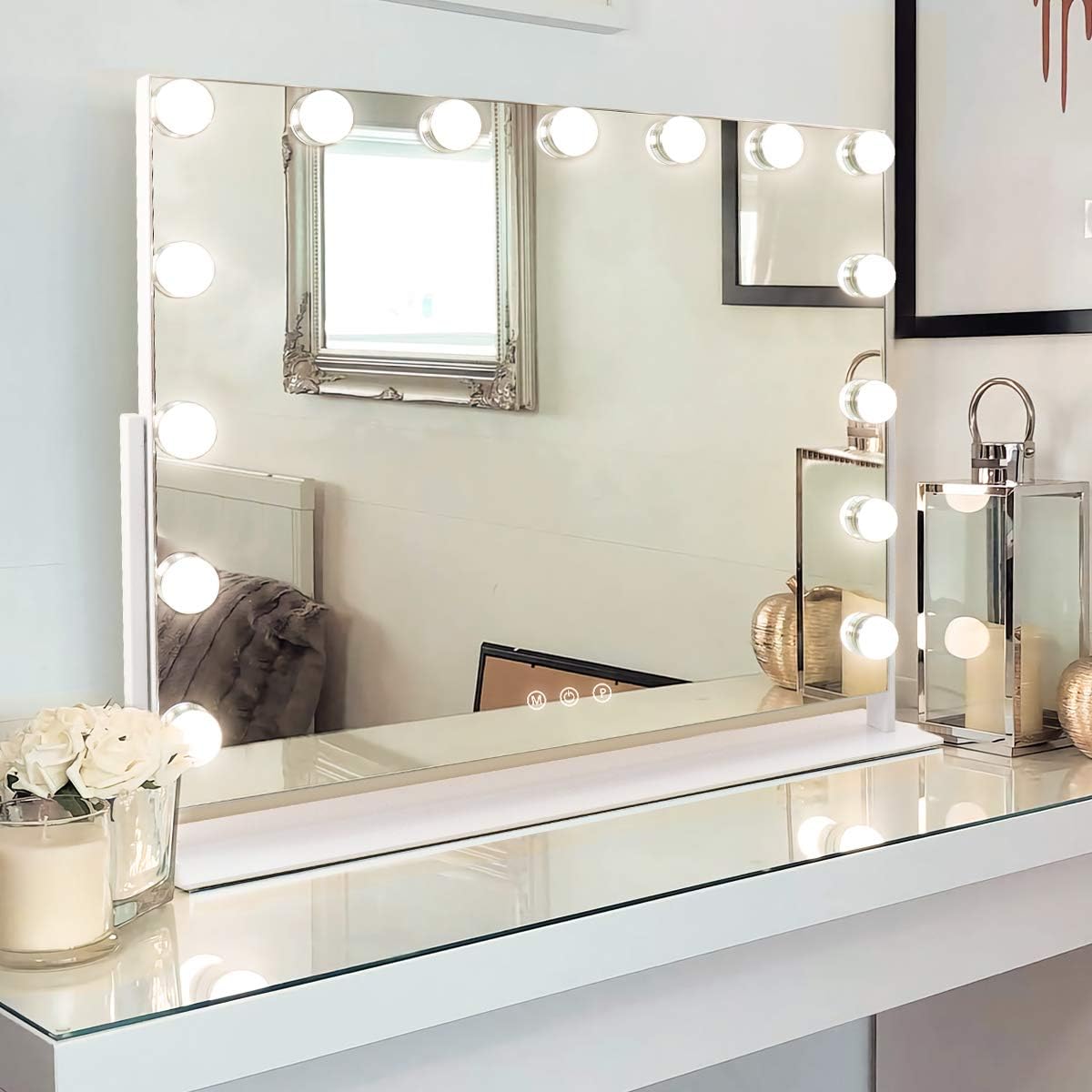 MISAVANITY Large Vanity Makeup Mirror with Lights 23"X18" Lighted Hollywood Mirror with 10X Magnification and USB Charger for Bedroom Dressing Room Tabletop 15 Dimmable LED Lights 360 Degree Rotating