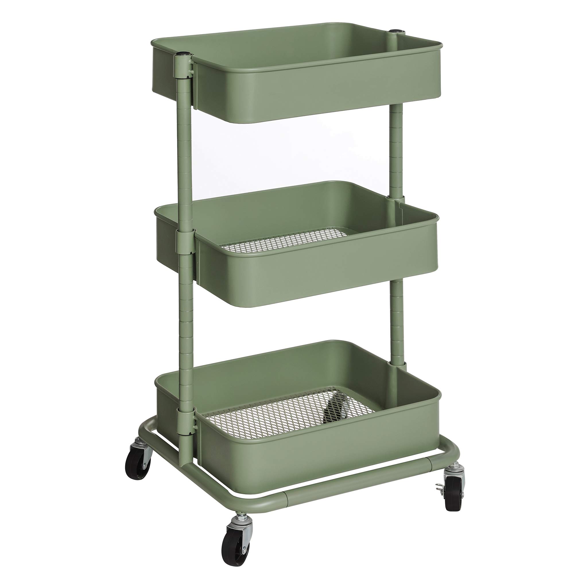 SONGMICS 3-Tier Metal Rolling Cart, Utility Cart, Kitchen Cart with Adjustable Shelves, Storage Trolley with 2 Brakes, Easy Assembly, for Kitchen, Office, Bathroom, Sage Green UBSC060C01