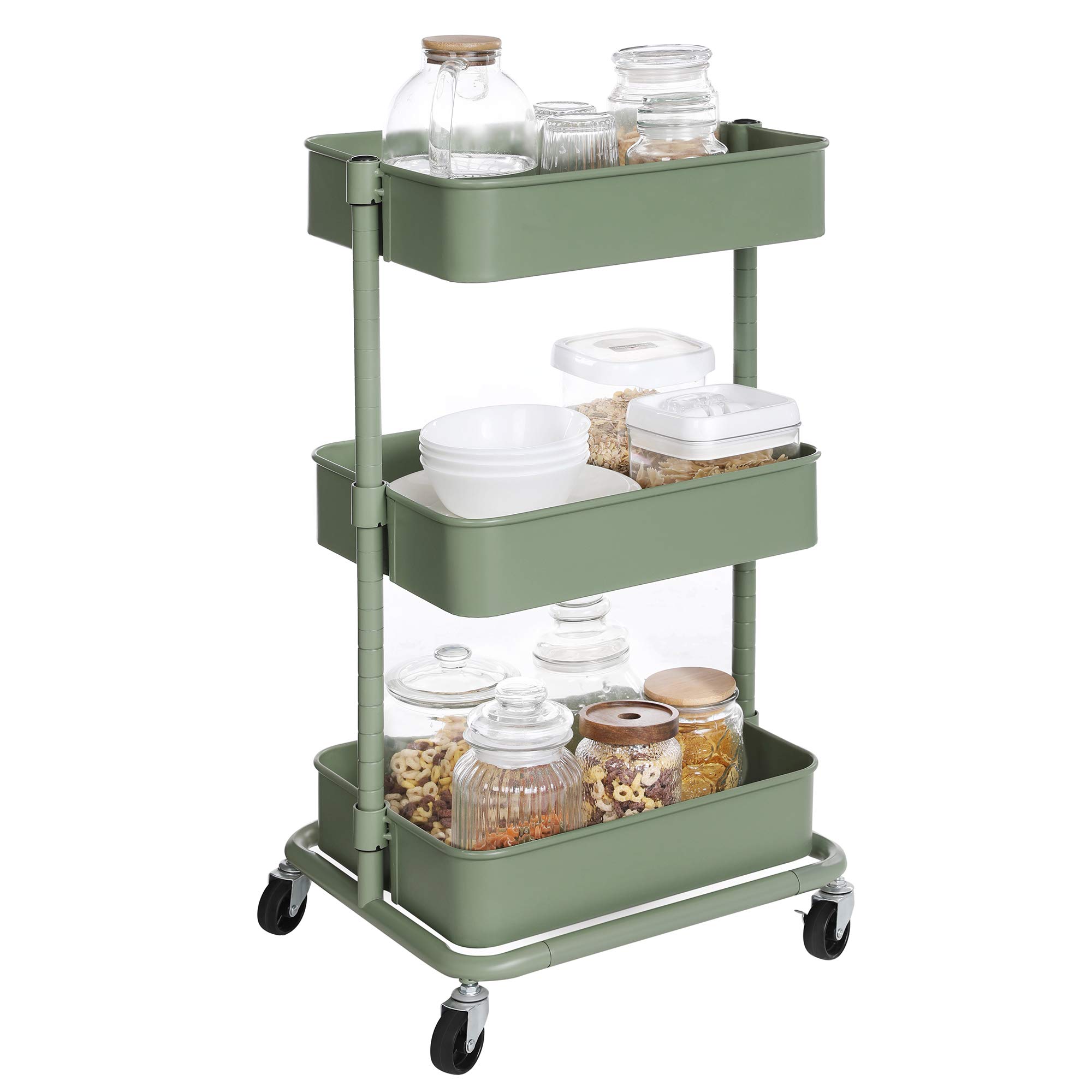 SONGMICS 3-Tier Metal Rolling Cart, Utility Cart, Kitchen Cart with Adjustable Shelves, Storage Trolley with 2 Brakes, Easy Assembly, for Kitchen, Office, Bathroom, Sage Green UBSC060C01