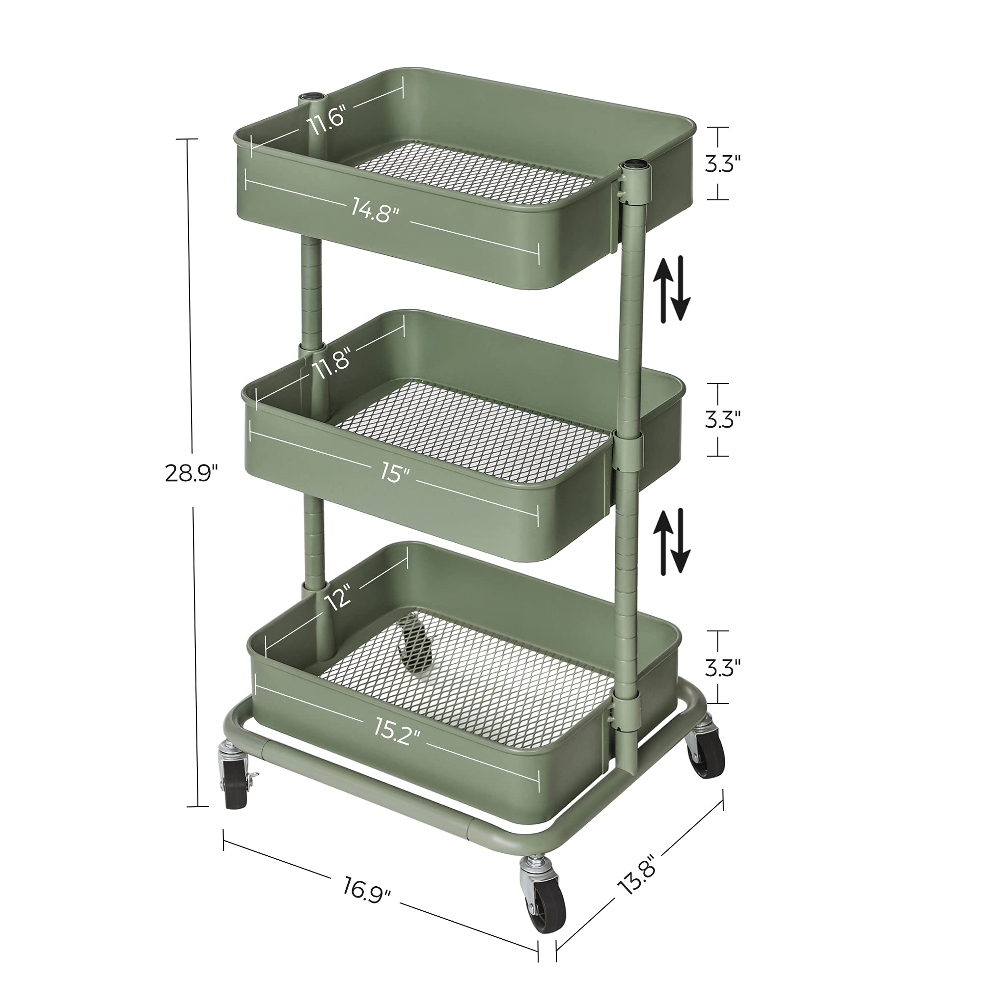 SONGMICS 3-Tier Metal Rolling Cart, Utility Cart, Kitchen Cart with Adjustable Shelves, Storage Trolley with 2 Brakes, Easy Assembly, for Kitchen, Office, Bathroom, Sage Green UBSC060C01