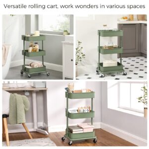 SONGMICS 3-Tier Metal Rolling Cart, Utility Cart, Kitchen Cart with Adjustable Shelves, Storage Trolley with 2 Brakes, Easy Assembly, for Kitchen, Office, Bathroom, Sage Green UBSC060C01