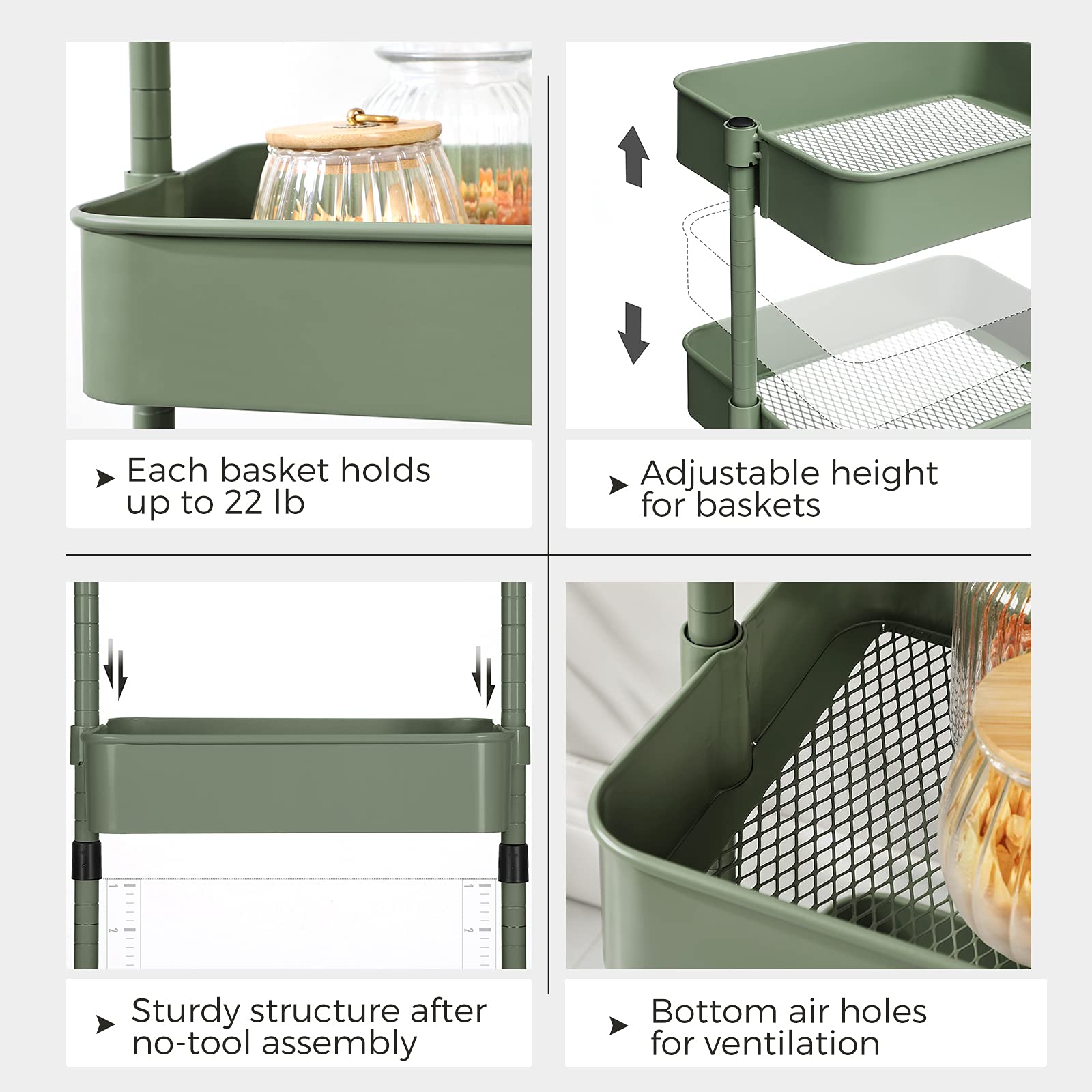 SONGMICS 3-Tier Metal Rolling Cart, Utility Cart, Kitchen Cart with Adjustable Shelves, Storage Trolley with 2 Brakes, Easy Assembly, for Kitchen, Office, Bathroom, Sage Green UBSC060C01