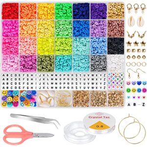 moyofree 28 colors clay beads for bracelet making, 6380 pcs flat round polymer heishi clay beads diy jewelry marking kit for bracelet necklace charm kit and elastic strings