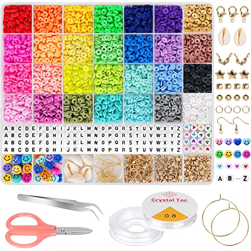 Moyofree 28 Colors Clay Beads for Bracelet Making, 6380 Pcs Flat Round Polymer Heishi Clay Beads DIY Jewelry Marking Kit for Bracelet Necklace Charm kit and Elastic Strings