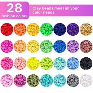 Moyofree 28 Colors Clay Beads for Bracelet Making, 6380 Pcs Flat Round Polymer Heishi Clay Beads DIY Jewelry Marking Kit for Bracelet Necklace Charm kit and Elastic Strings