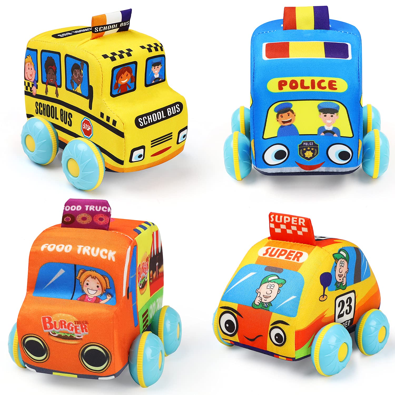 TOY Life Soft Pull Back Cars for Toddlers - Pull Back Vehicles Soft Baby Toys - Kids Car Toys 4 Pack with Soft Plush Toy Texture Baby Car Toys - Gift for Any Occasion Cars for Toddlers 1-3 Year Old