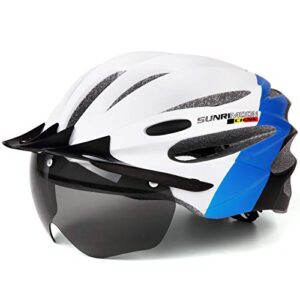 ellolla adult bike helmet with removable goggles visor, adjustable size lightweight bicycle helmet for men women mountain & road cycling (matt blue&white)