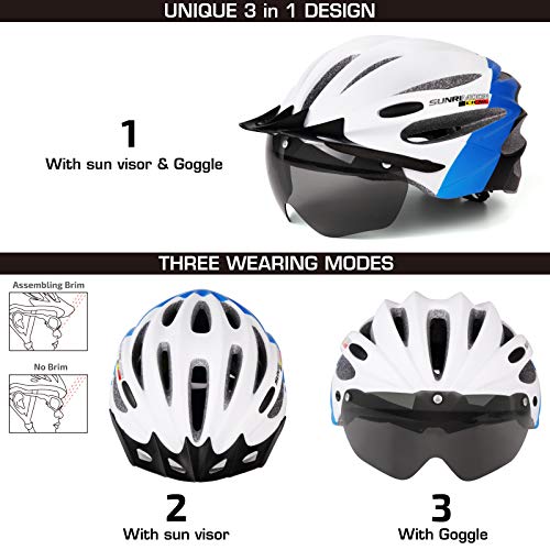 ELLOLLA Adult Bike Helmet with Removable Goggles Visor, Adjustable Size Lightweight Bicycle Helmet for Men Women Mountain & Road Cycling (Matt Blue&White)