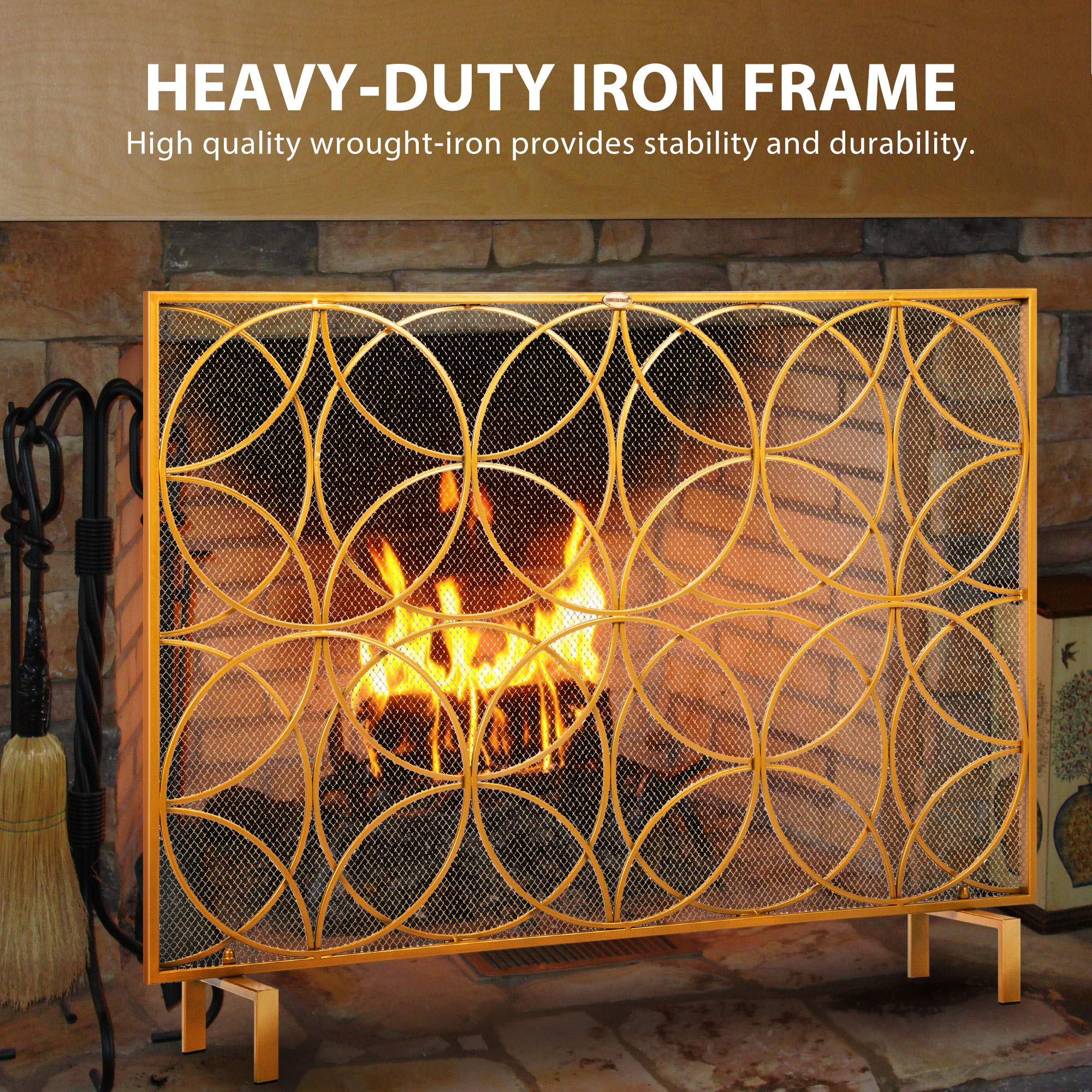 VIVOHOME 40.9 x 31.1 Inch Single Panel Wrought Iron Fireplace Screen Metal Decorative Mesh Fire Spark Guard Fireplace Cover Gold