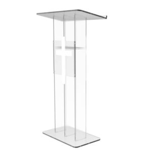 FixtureDisplays® Clear Podium Plexiglass Lecturn Transparent Church Pulpit with Christian Church White Cross Trinity Style Easy Assebmly Required 15411+1803CROSS-NF