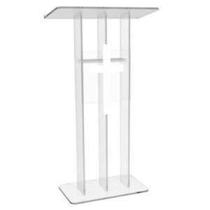 FixtureDisplays® Clear Podium Plexiglass Lecturn Transparent Church Pulpit with Christian Church White Cross Trinity Style Easy Assebmly Required 15411+1803CROSS-NF