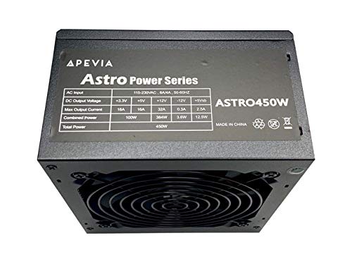 APEVIA ASTRO450W Astro 450W ATX Power Supply with Auto-Thermally Controlled 120mm Fan, 115/230V Switch, All Protections