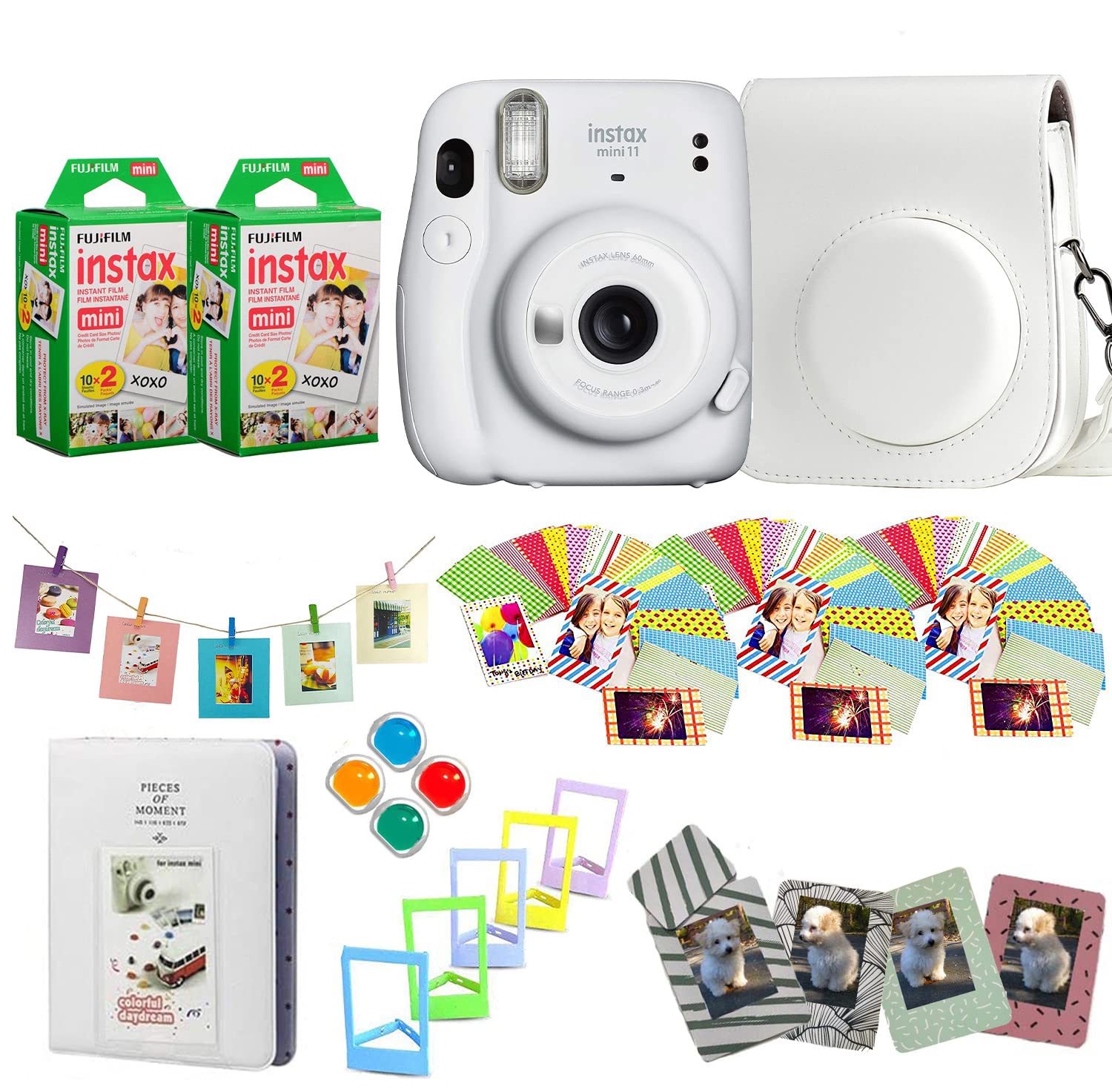 Fujifilm Instax Mini 11 Instant Camera + Fuji Instax Film 40 Shots + Protective Case + Magnetic Frames + Album, Frames Design Kit (Ice White)