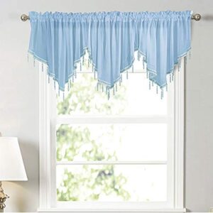 white sheer tulle beaded valance curtains 2 pieces kitchen cafe rod pocket swag window curtain valances with bead trim for bedroom bathroom nursery living room, 51 x 24 inch length (blue)