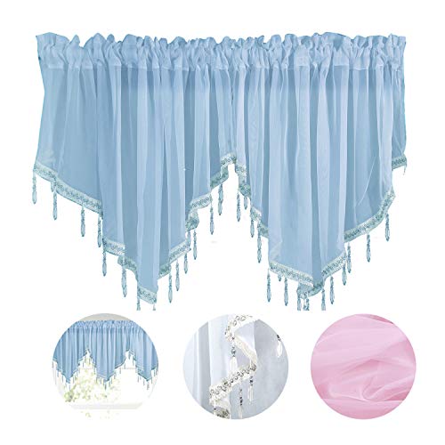 White Sheer Tulle Beaded Valance Curtains 2 Pieces Kitchen Cafe Rod Pocket Swag Window Curtain Valances with Bead Trim for Bedroom Bathroom Nursery Living Room, 51 x 24 Inch Length (Blue)