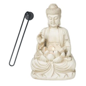 bella haus design buddha tealight candle holder statue – 8.5” tall polyresin - zen home and garden decor - includes 3pcs tea lights and free candle snuffer for office, indoor, outdoor decoration