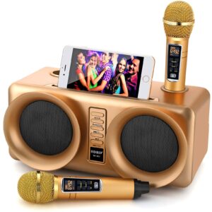 alpowl karaoke machine for kids adults with 2 uhf wireless microphone, portable bluetooth speaker pa system with led lights for home party, wedding, church, picnic, outdoor/indoor (gold i)