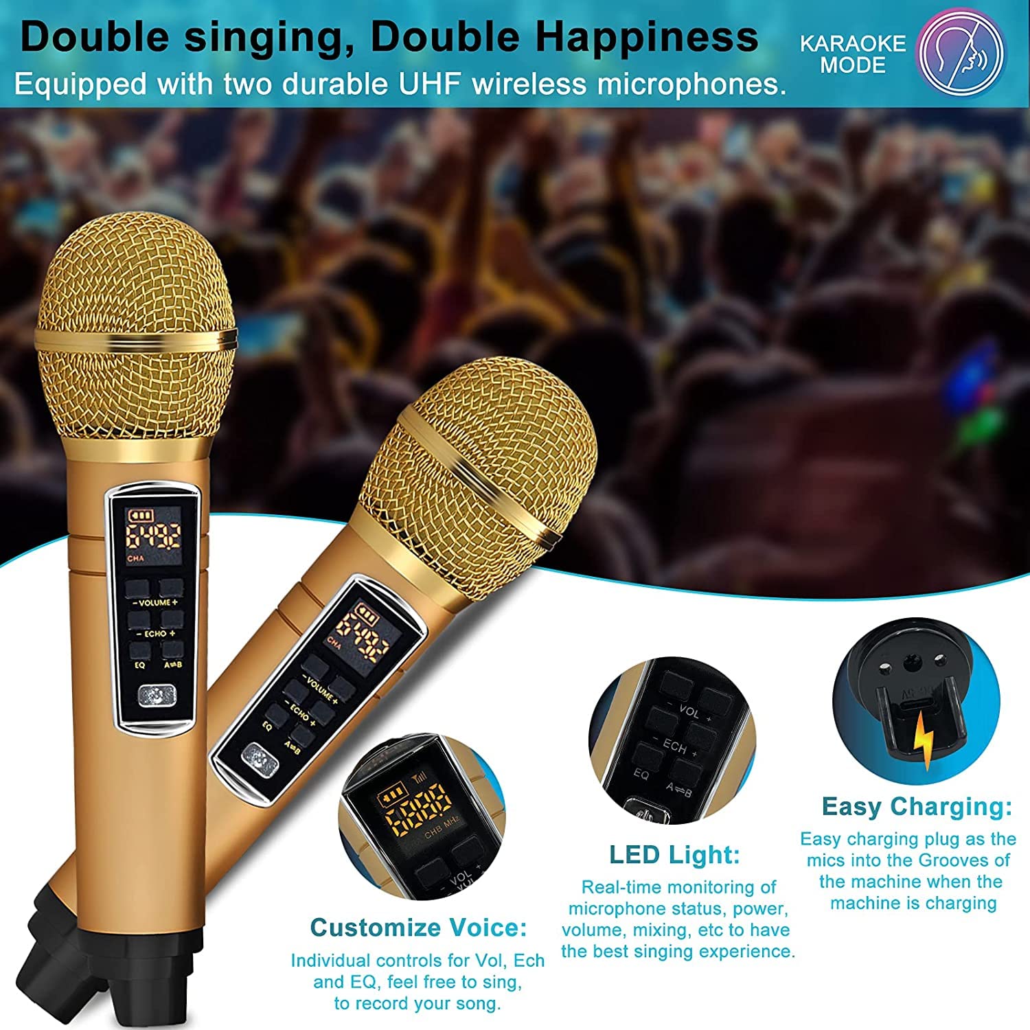 ALPOWL Karaoke Machine for Kids Adults with 2 UHF Wireless Microphone, Portable Bluetooth Speaker PA System with LED Lights for Home Party, Wedding, Church, Picnic, Outdoor/Indoor (Gold I)