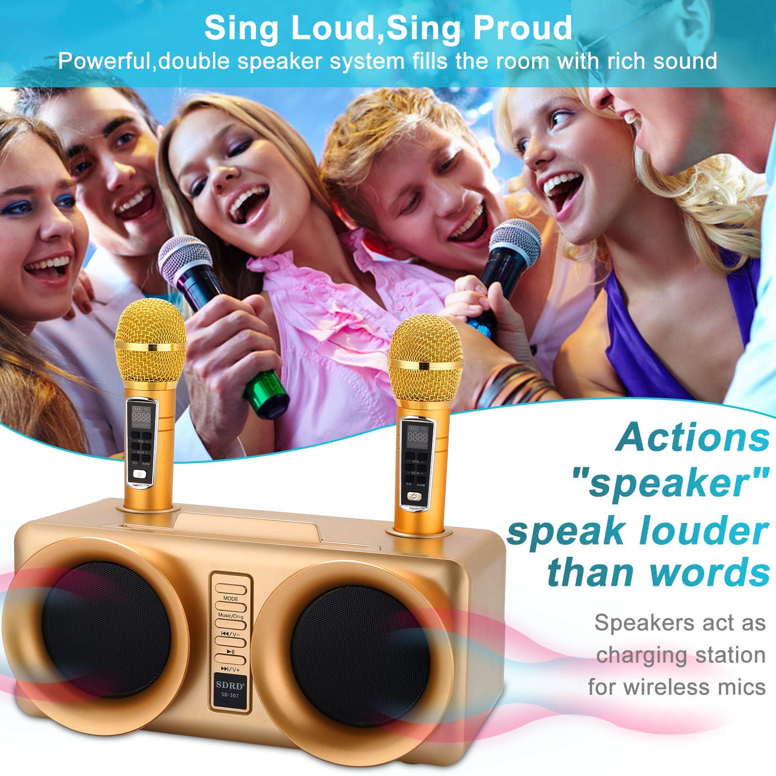 ALPOWL Karaoke Machine for Kids Adults with 2 UHF Wireless Microphone, Portable Bluetooth Speaker PA System with LED Lights for Home Party, Wedding, Church, Picnic, Outdoor/Indoor (Gold I)