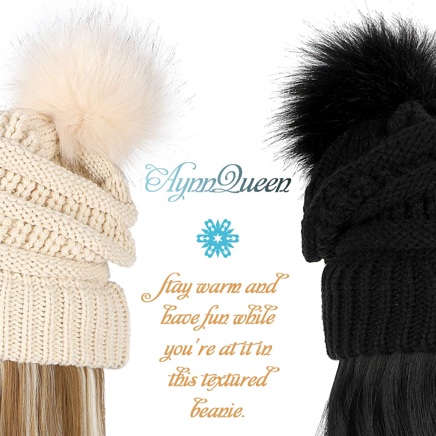 AynnQueen Beanie with Hair Attached for Women Slouchy Cable Hat Wig Knit Beanie Winter Hat with 20inch Removable Hair Extensions Wig (Dark Brown-Khaki Hat)