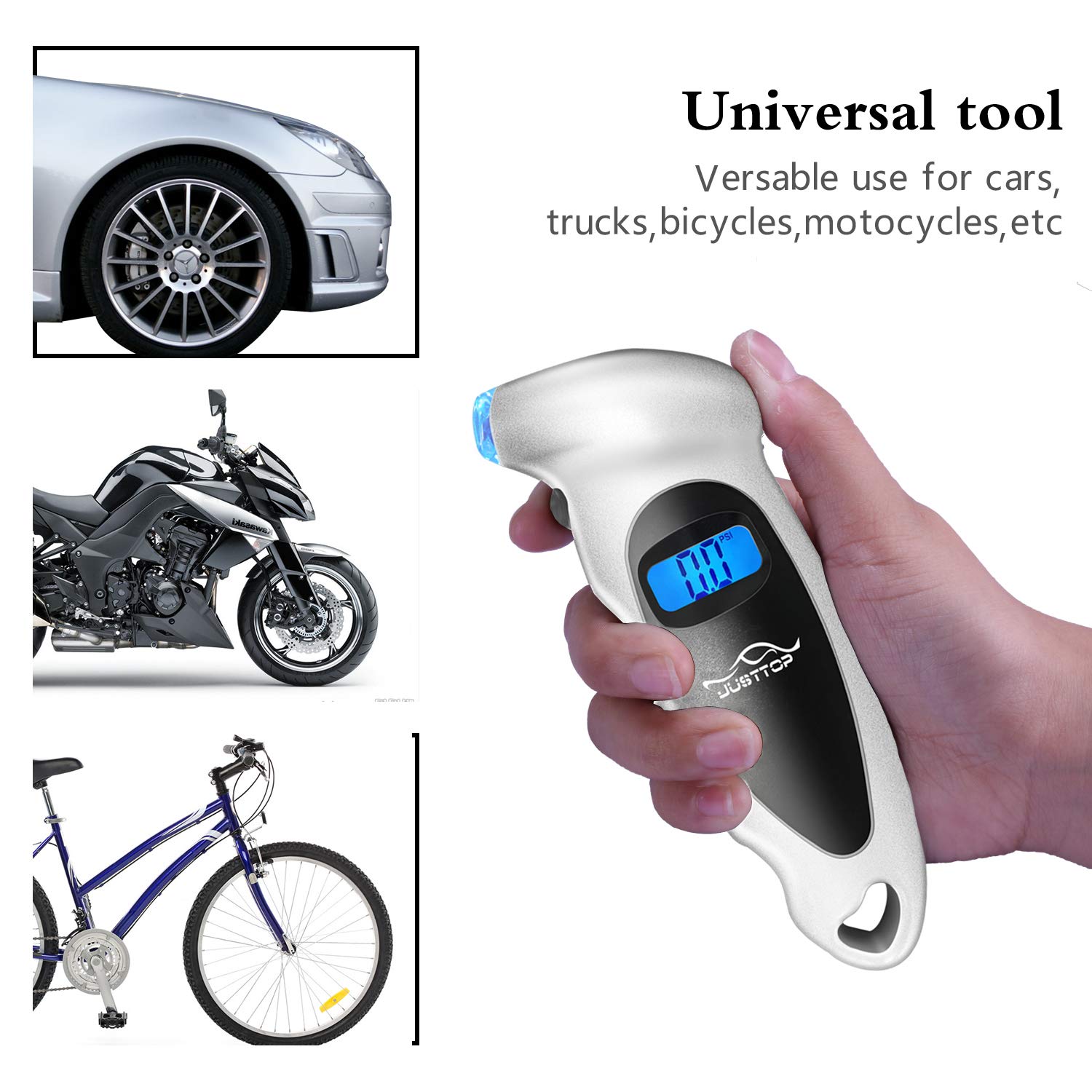 JUSTTOP Digital Tire Pressure Gauge, 150PSI 4 Setting for Cars, Trucks and Bicycles, Backlit LCD and Anti-Skid Grip for Easy and Accurate Reading(Silver)