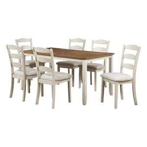 osp home furnishings west lake dining table set, 7-piece, antique tobacco finish top and cream base with linen fabric