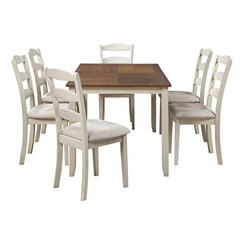 OSP Home Furnishings West Lake Dining Table Set, 7-Piece, Antique Tobacco Finish Top and Cream Base with Linen Fabric