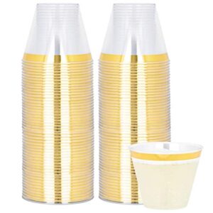 plasticpro 9 oz disposable plastic party cups,old fashioned designed tumblers, with gold rim 100 count, crystal clear