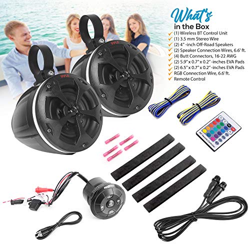 Pyle 2-Way Waterproof Off Road Speakers - 4" 800W Active Passive Marine Grade Wakeboard Tower RGB Speakers System w/Bluetooth Controller, Full Range Stereo Speaker for ATV/UTV Jeep Boat PLUTV48KBTR