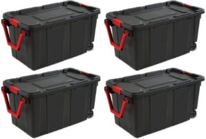 sterilite 14699002 40 gallon/151 liter wheeled industrial tote, black lid & base w/racer red handle & latches, 4 pack