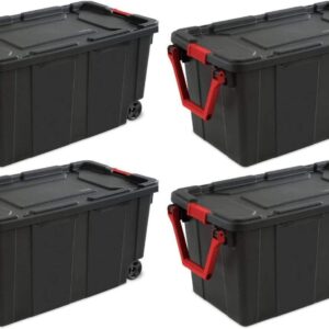 STERILITE 14699002 40 Gallon/151 Liter Wheeled Industrial Tote, Black Lid & Base w/Racer Red Handle & Latches, 4 Pack